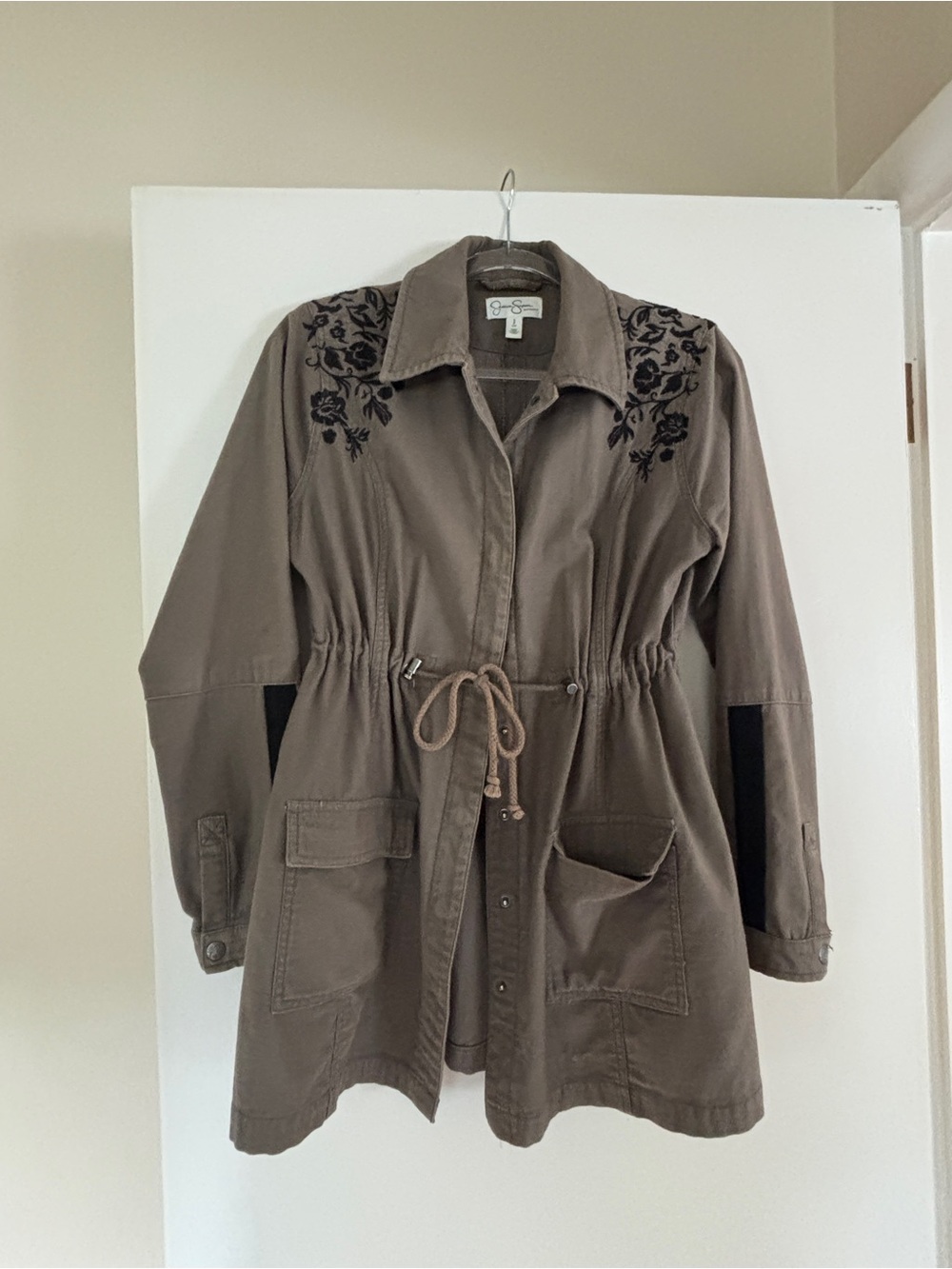 Jessica Simpson Taupe Utility Jacket with Black Floral Embroidery